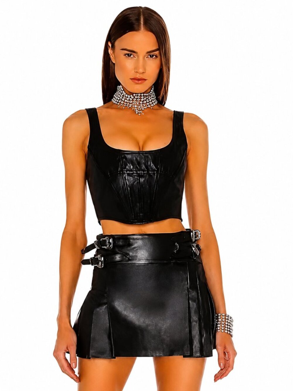 💥KILLER DESING💥REVOLVE x DUNDAS Genuine Leather Pleated Buckled Skirt in Black